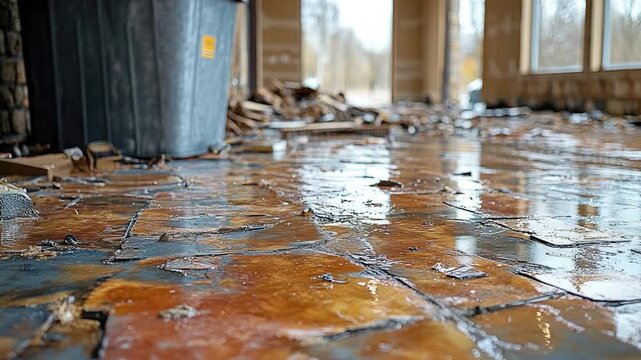 A dirty floor with a trash can in the background, suitable for scenes about poverty or neglect