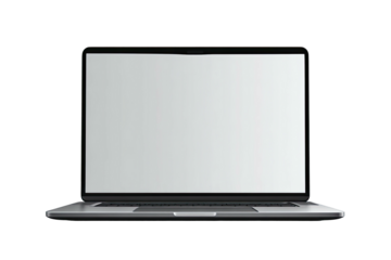 A detailed, front-facing, high-resolution image of a silver laptop with a blank white screen