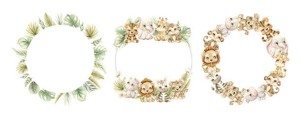 Cute Animal Plant Wreath Set Safari Jungle Tropical Exotic leaves Watercolor summer pastel neutral isolated illustration