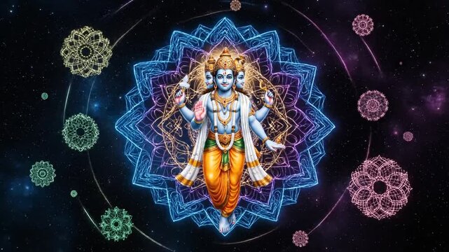 Mystical multi-headed deity in vibrant sacred geometry mandala against cosmic background