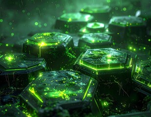 Glowing hexagonal structures amidst moss and a blurred green atmosphere