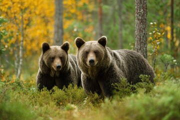Two brown bears stand in an autumn forest, looking forward amidst green foliage
