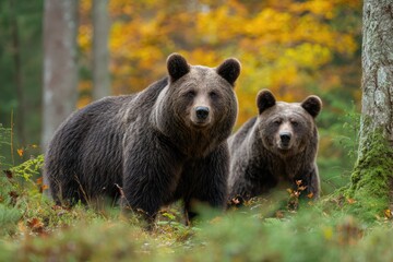 Fototapeta premium Two brown bears stand alert in a vibrant autumn forest, looking forward