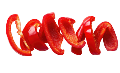 Striking isolated image of vibrant red bell pepper slices in a spiral shape on a black background