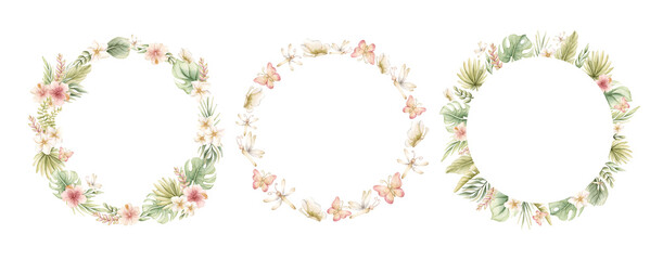 Tropical Exptic Leaves Flowers Butterfly Dragonfly Wreaths Set. Watercolor hand painted summer floral illustration