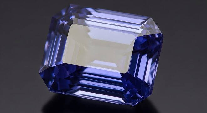 Exquisite emerald-cut tanzanite gemstone shimmering with captivating violet-blue hues against a dark, elegant backdrop, perfect for luxury jewelry design.