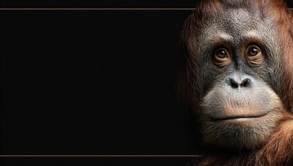 Close-up of a young orangutan's face with expressive eyes on a dark background
