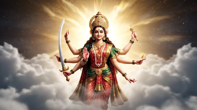 Divine Multi-Armed Goddess with Radiant Aura in Celestial Clouds, Spiritual and Mythological Art