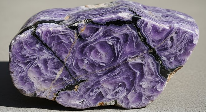 Stunning natural charoite gemstone showcasing vibrant purple swirls and intricate black veining, a unique geological treasure perfect for jewelry or decor