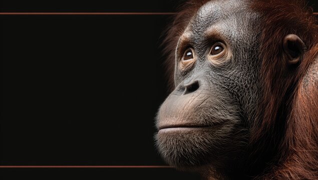 Close-up portrait of a thoughtful young orangutan looking upwards, dark background