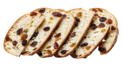 Sliced loaf of bread with visible raisins, cut to reveal crumbly texture. Isolated on black