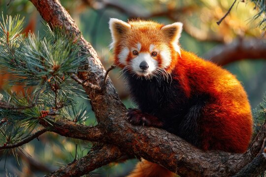 Captivating red panda perched on a pine tree branch, vibrant fur, looking forward