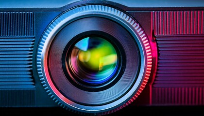 image shows digital projector film display closeup of shiny colorful glass lens on projector macro perspective