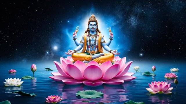 Meditating four-armed deity on a vibrant pink lotus flower in serene cosmic water under a starry sky. Spiritual enlightenment.