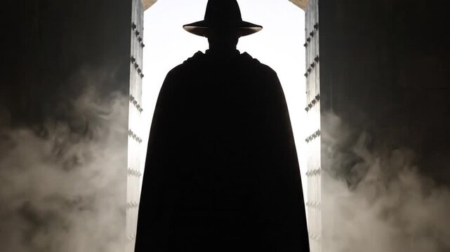 Mysterious figure in a hat and cape emerges from smoke.