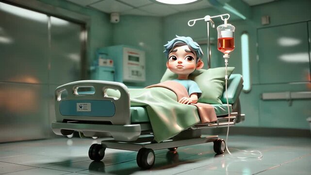 Stylized 3D toon style cancer patient child resting in hospital bed with IV drip Stylized 3Dtoon