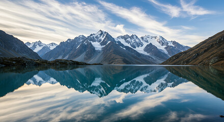 A still alpine lake reflecting surrounding peaks and sky, forming a perfect mirror image. Cool tones of blue and white dominate. Composition symmetrical.