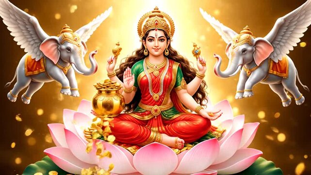 Hindu Goddess Lakshmi on Lotus with Winged Elephants, Symbolizing Wealth and Prosperity