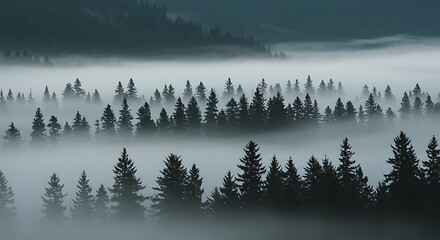 A tranquil view of a mountain forest shrouded in early morning fog. Silhouettes of tall pine trees fade into soft mist layers, with muted tones of gray and green. The atmosphere is peaceful and cinema