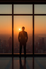 Silhouette of a businessman standing in front of a large window overlooking a city skyline at sunset, contemplating future success