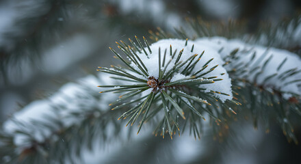 Macro shot of pine needles covered with fresh snow. Soft winter light creates a cold yet peaceful atmosphere, emphasizing texture and purity.