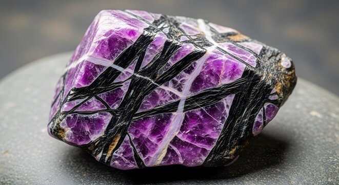 Stunning raw sugilite gemstone showcases vibrant purple hues and intricate black matrix patterns, a natural wonder for mineral collectors and jewelry designers.
