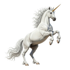 Naklejka premium Majestic white unicorn rearing up with a golden horn against a showcasing mythical beauty and fantasy art with a powerful stance on white background