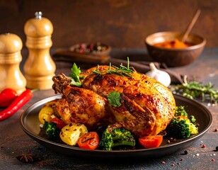 Golden roasted whole bird with veggies, seasoning, and side dishes