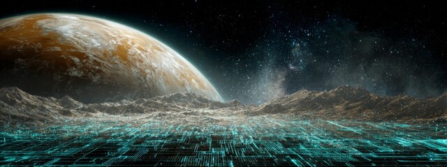 Fototapeta premium Futuristic Landscape Blending Cosmic Elements with Data Grid and Planetary Textures Under a Starry Sky