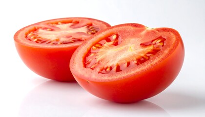 Two halves of a ripe, red tomato sit against a white backdrop
