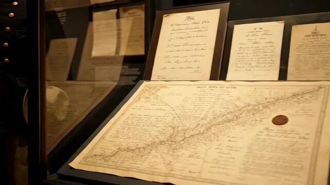 Display case showcasing historical documents, maps, and handwritten letters, preserved for viewing.