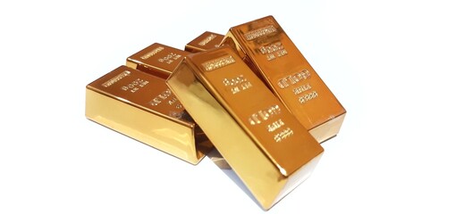 Group of Shiny Gold Bars on White Background. Conceptual Financial Investment Trading Business...