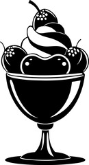 Three-scoop sundae with whipped cream and nuts black Silhouette  , white background 