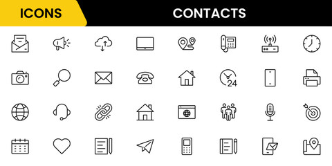 Contact us line icon set. Chat, name, address, email, message, phone, and more. Outline vector icon in linear style. Conceptual pictogram collection