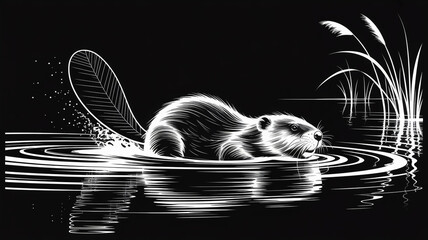 Black and white beaver silhouette illustration building a dam in calm forest lake with reflections, woodcut art style, trees, sun, peaceful nature scene.
