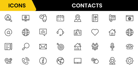 Contact us line icon set. Chat, name, address, email, message, phone, and more. Outline vector icon in linear style. Conceptual pictogram collection