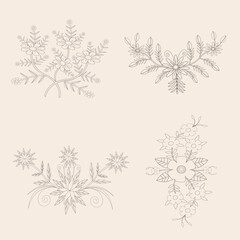 Flower Drawing Embroidery Element Line Art Vector set and Minimal Decorative Botanical Floral Ornament Outline Design