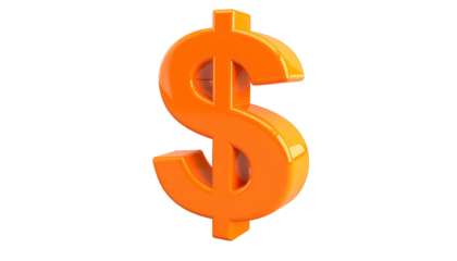 A glossy, orange dollar sign rendered in 3D against a stark black background