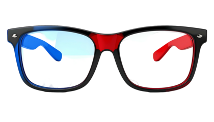 A pair of 3D glasses with one lens colored blue, and the other red. Black frame