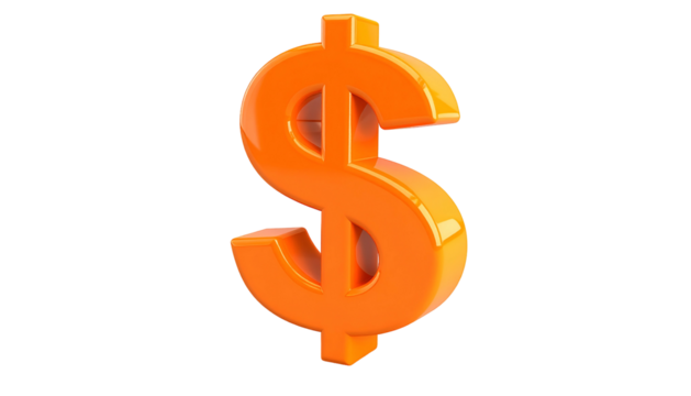 A glossy, orange dollar sign rendered in 3D against a stark black background