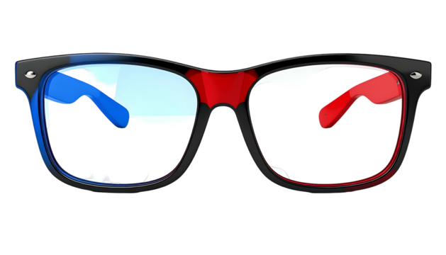 A pair of 3D glasses with one lens colored blue, and the other red. Black frame - Powered by Adobe