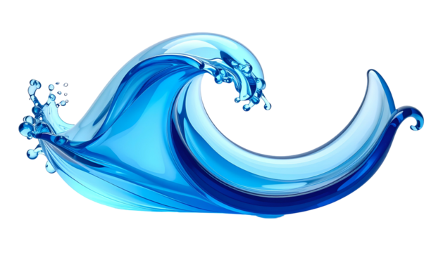 A stylized wave cresting, rendered in translucent blues and whites, isolated on black - Powered by Adobe