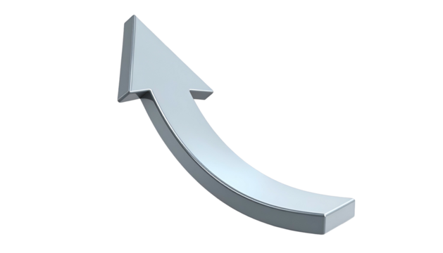 Metallic, curved arrow pointing upward, isolated on black background, showing growth