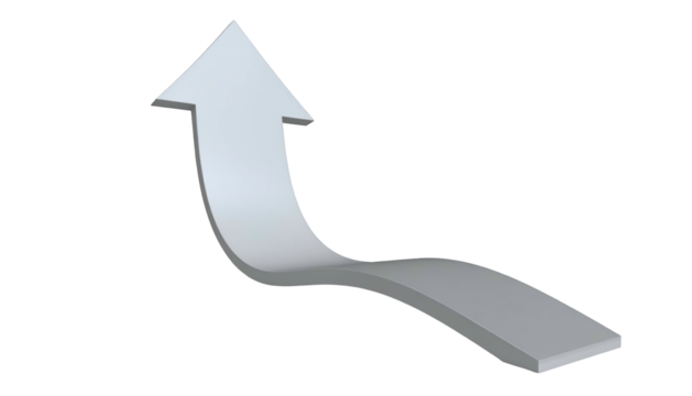 A 3D rendered white upward-pointing arrow with a curved path on black background