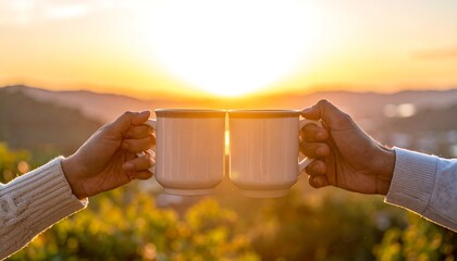 Two hands holding mugs up in front of a bright sunrise