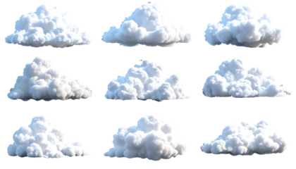 Nine fluffy, detailed, and realistic white cloud formations against a black background