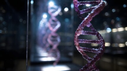 A detailed purple DNA double helix model displayed in a futuristic research facility