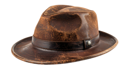 A weathered, brown leather fedora with a dark band, showcasing age and wear, isolated
