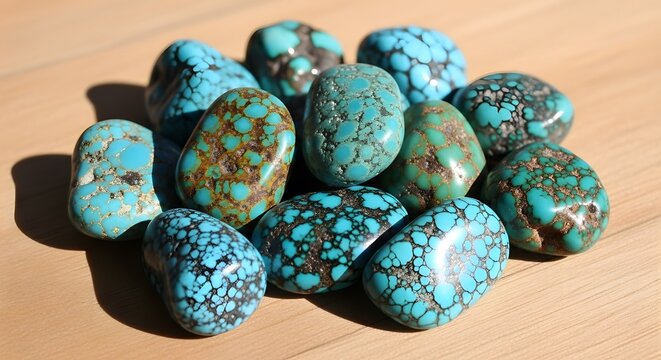 Stunning collection of vibrant turquoise gemstones with intricate matrix patterns, perfect for jewelry design and metaphysical collections.