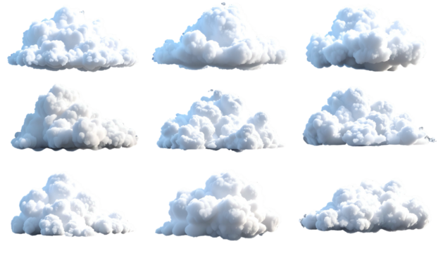 Nine fluffy, detailed, and realistic white cloud formations against a black background